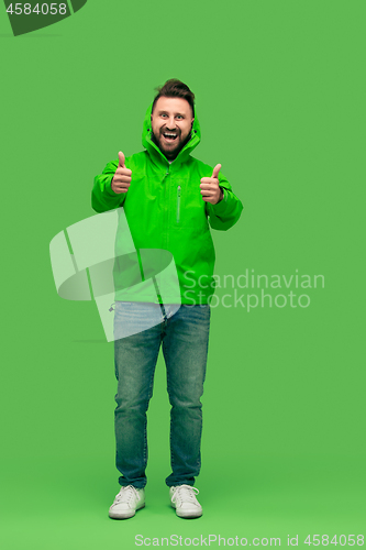 Image of handsome bearded young man looking at camera isolated on green