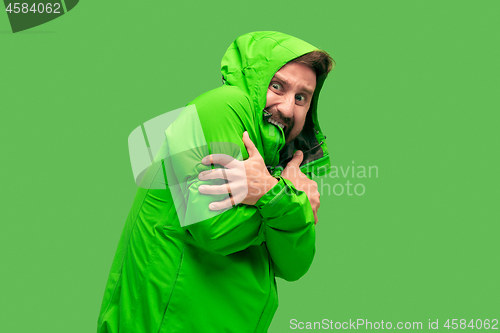 Image of handsome bearded young man isolated on green