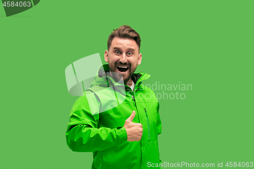 Image of handsome bearded young man looking at camera isolated on green