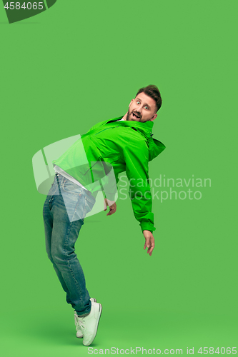 Image of handsome bearded young man looking at camera isolated on green