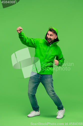 Image of handsome bearded young man looking at camera isolated on green