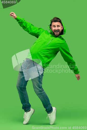 Image of handsome bearded young man looking at camera isolated on green