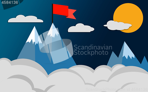 Image of Top of the mountain with red flag, success concept