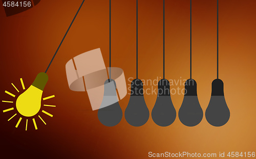 Image of Hanging light bulbs with glowing one different