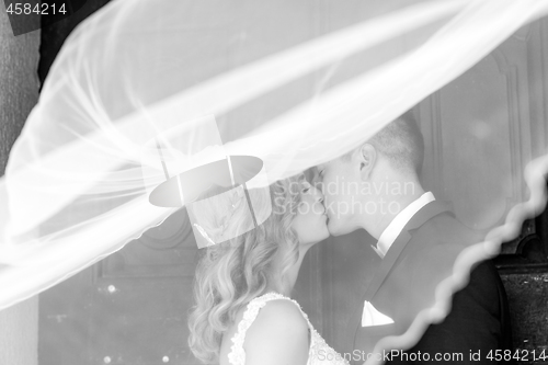 Image of The kiss. Bride and groom kisses tenderly in the shadow of a flying veil. Artistic black and white wedding photo.