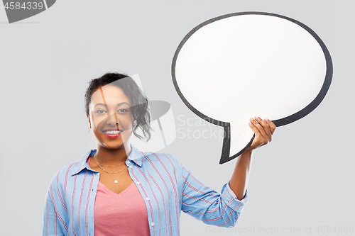 Image of happy african american woman holding speech bubble