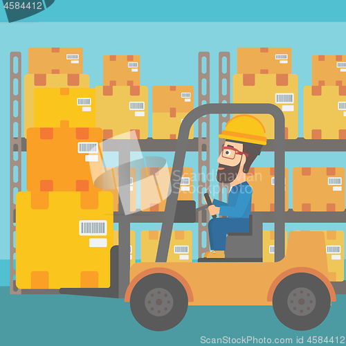 Image of Warehouse worker moving load by forklift truck.