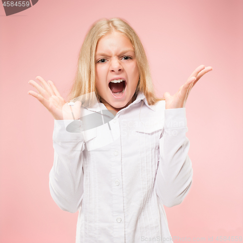 Image of Isolated on pink young casual teen girl shouting at studio