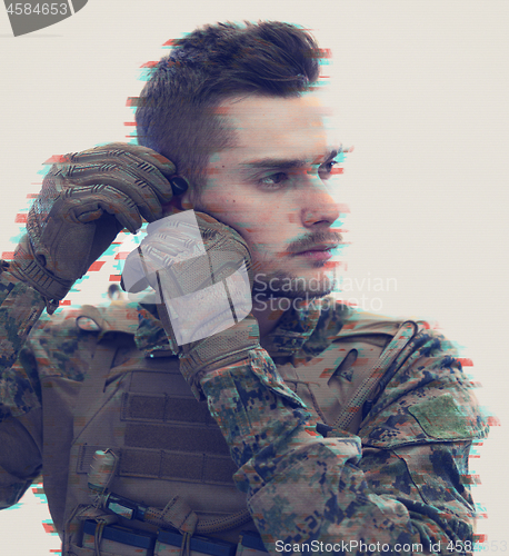 Image of soldier preparing gear for action glitch effect