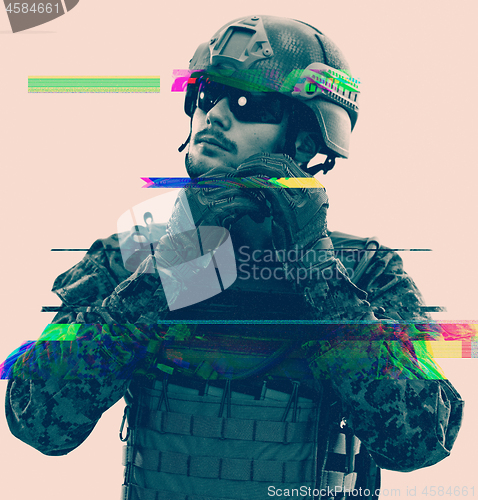 Image of soldier preparing gear for action glitch effect