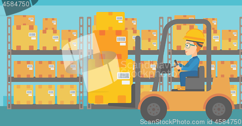 Image of Warehouse worker moving load by forklift truck.