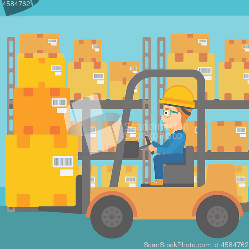 Image of Warehouse worker moving load by forklift truck.