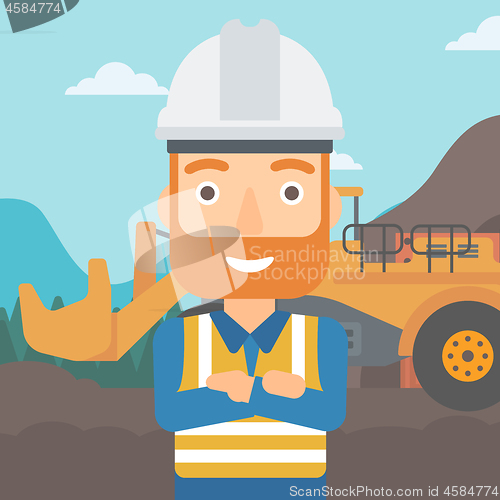 Image of Miner with mining equipment on background.