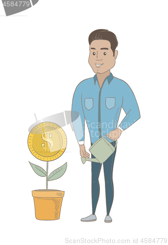 Image of Young hispanic businessman watering money flower.