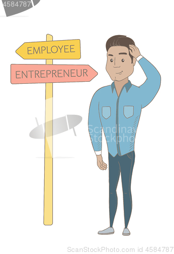 Image of Confused hispanic man choosing career pathway.