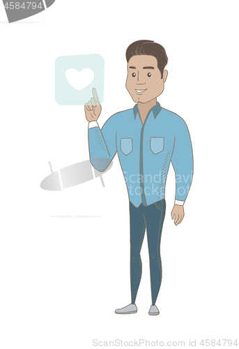 Image of Young businessman pressing web button with heart.