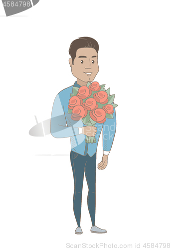 Image of Hispanic businessman holding bouquet of flowers.