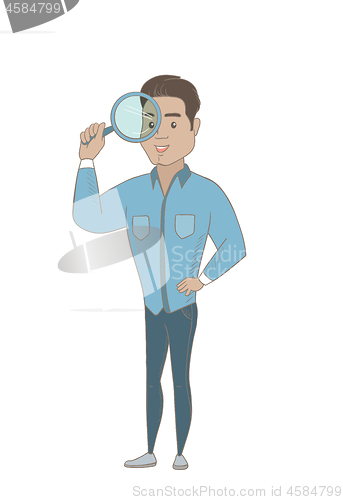 Image of Young hispanic businessman with magnifying glass.