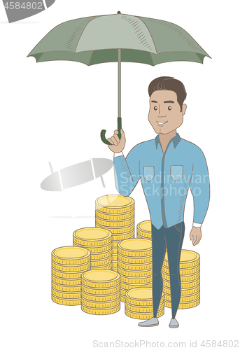 Image of Hispanic business insurance agent with umbrella.