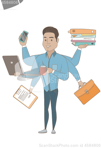 Image of Hispanic businessman coping with multitasking.