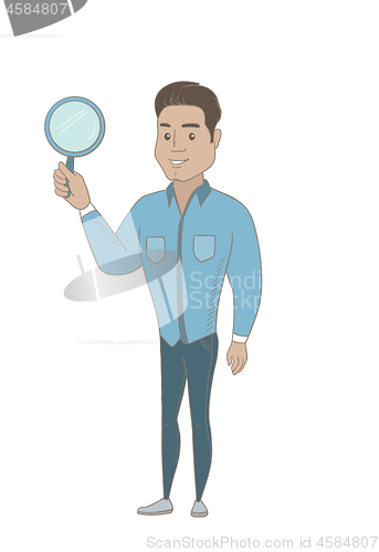 Image of Young hispanic businessman with magnifying glass.
