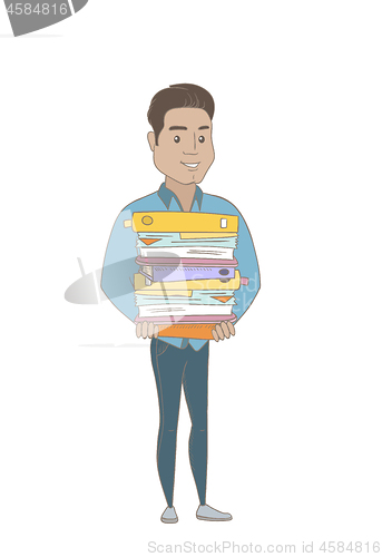 Image of Young hispanic businessman holding pile of folders