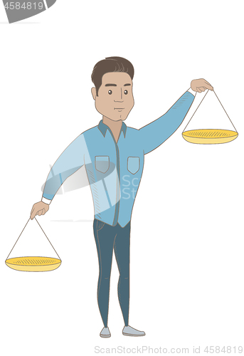 Image of Hispanic businessman holding balance scale.