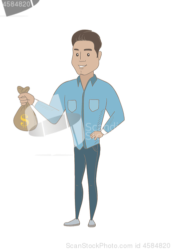 Image of Young hispanic businessman holding a money bag.