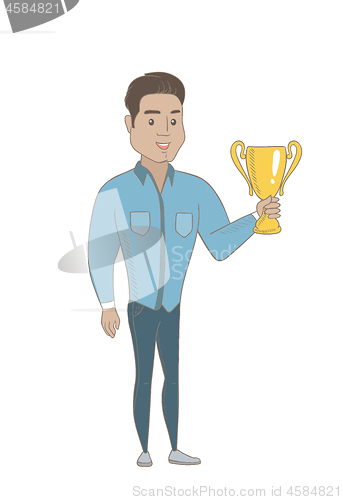 Image of Young hispanic businessman holding a trophy.