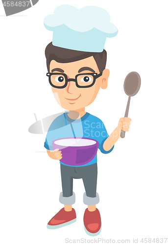 Image of Caucasian boy holding a saucepan and a spoon.