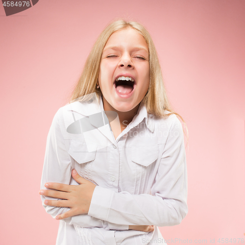 Image of Isolated on pink young casual teen girl shouting at studio