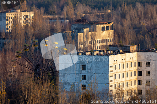 Image of PRIPYAT,CHERNOBYL / UKRAINE - November 10, 2019 : Abandoned cityscape in Pripyat, Chernobyl Exclusion Zone