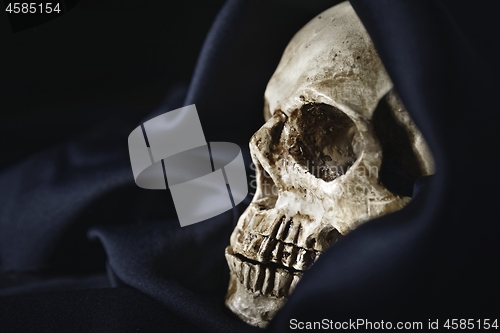 Image of Closeup photo an old skull covered in black robe