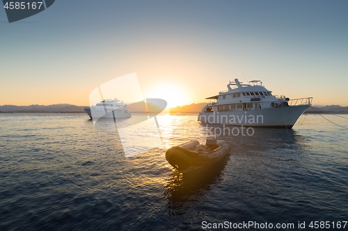 Image of Luxury yacht docking near coral reef