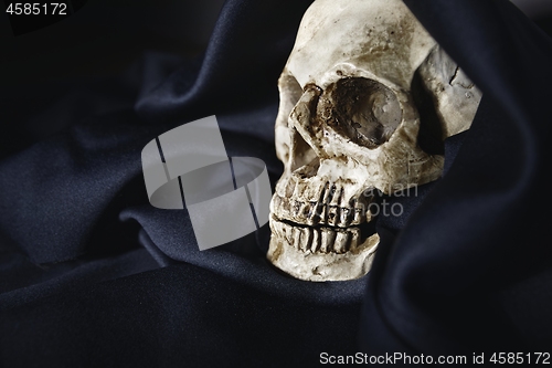 Image of Closeup photo an old skull covered in black robe