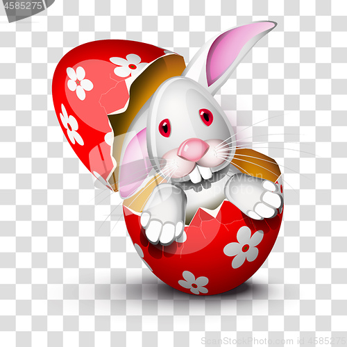 Image of Bunny in an opened red egg shell with transparency