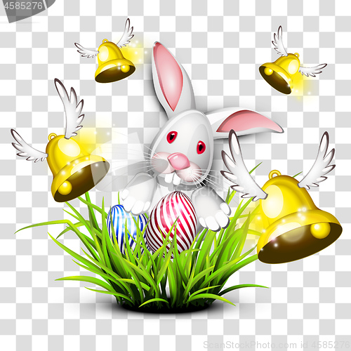 Image of Happy easter egg with bunny and bells on transparent background