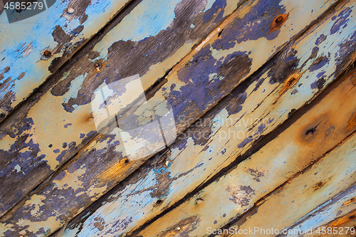 Image of Peeling brown and blue paint wooden background