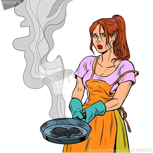 Image of woman and a food burnt in a frying pan