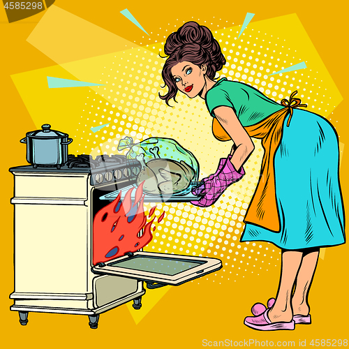 Image of Woman housewife bakes bird in the oven