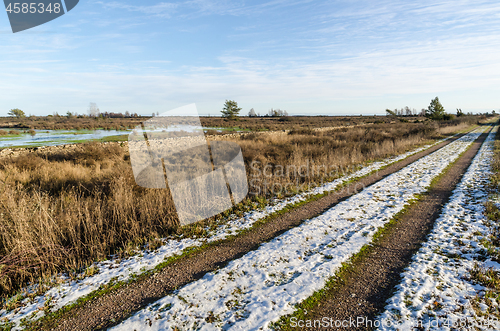 Image of Sunlit straight gravel road through a plain grassland