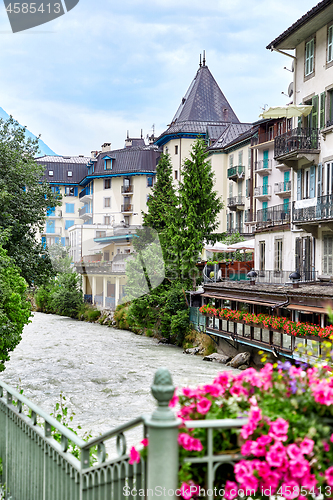 Image of Arve river and buildings of Chamonix