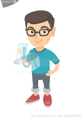 Image of Little caucasian boy holding a glass of water.