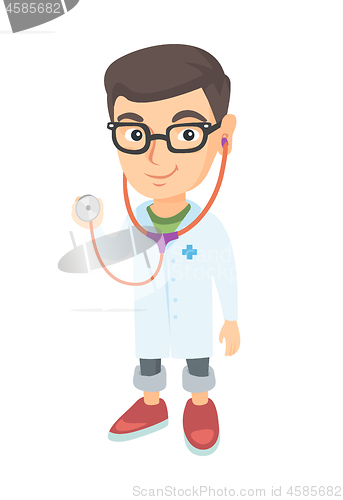 Image of Caucasian boy in doctor coat holding a stethoscope