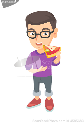 Image of Caucasian boy in glasses eating tasty pizza.