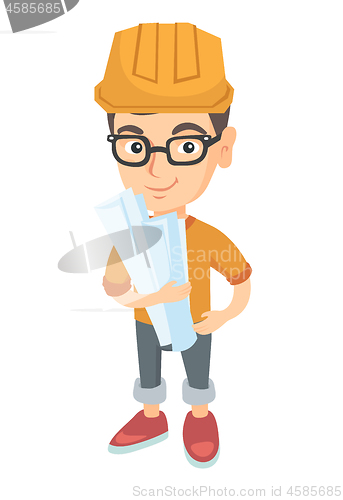 Image of Little caucasian engineer boy holding paper plans.
