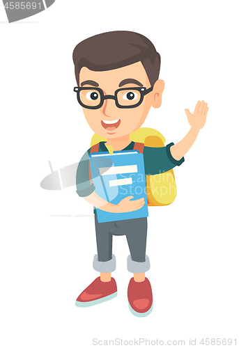 Image of Schoolboy holding a book and waving his hand.