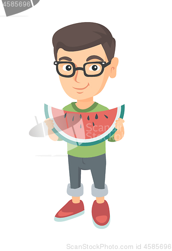 Image of Young caucasian boy eating delicious watermelon.