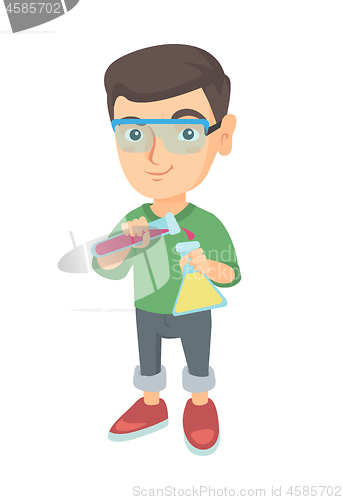 Image of Boy pouring liquid from a tube and into a flask.