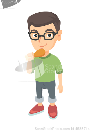 Image of Caucasian boy eating roasted chicken leg.